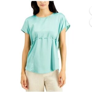 Alfani Aqua blue /green satin look mixed media drawstring blouse cap sleeve